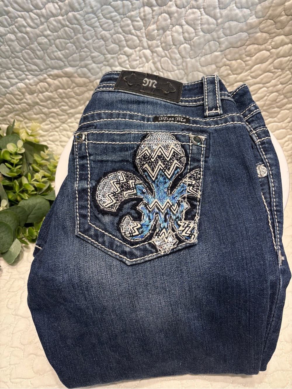 Miss Me Dark Blue Denim Jeans with Blue & White Embroidered Fleur-de-Lis